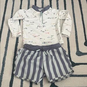 Pehr Toddler Boy Striped Swim Set with Fish Print 12-24M
